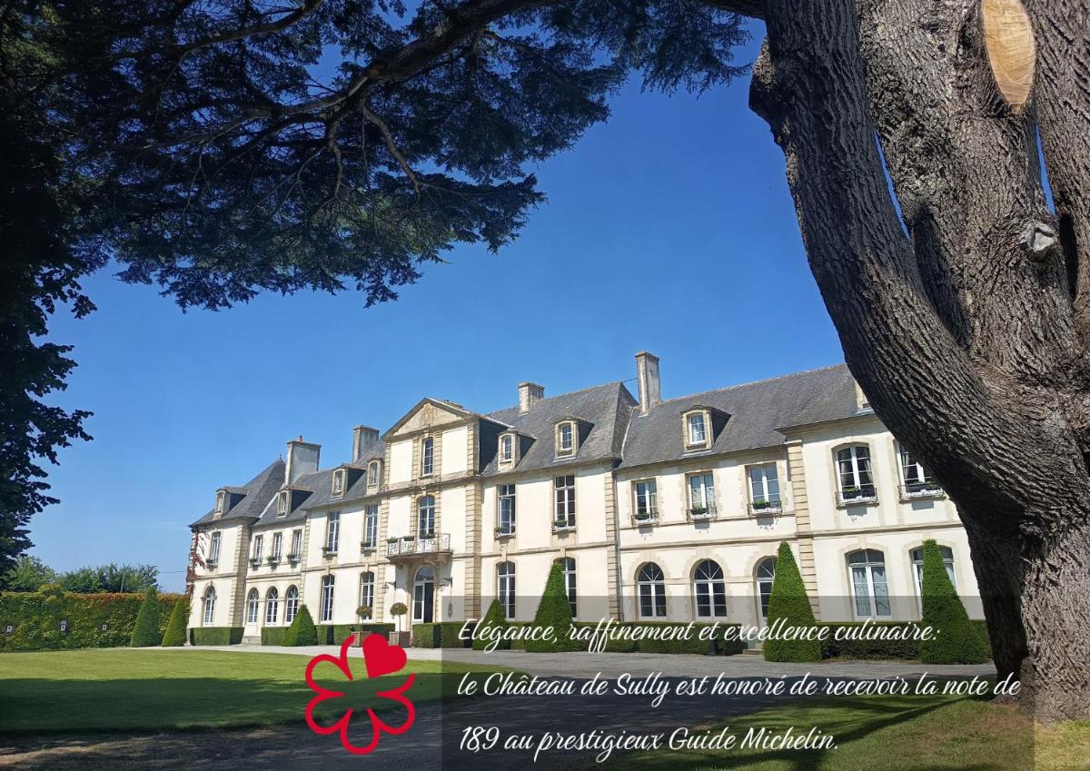 un grand bâtiment blanc avec une fleur rouge à côté d'un arbre dans l'établissement Grand Hôtel "Château de Sully" - Piscine & Spa -Teritoria, à Sully