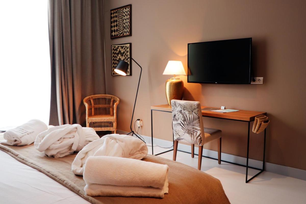 Habitación de hotel con cama, escritorio y TV. en Balneario Segura de Baños, en Segura de los Baños
