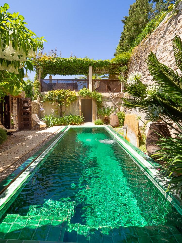 una piscina con agua verde en un patio en Hotel & Restaurant Jardi d'Artà, en Artà