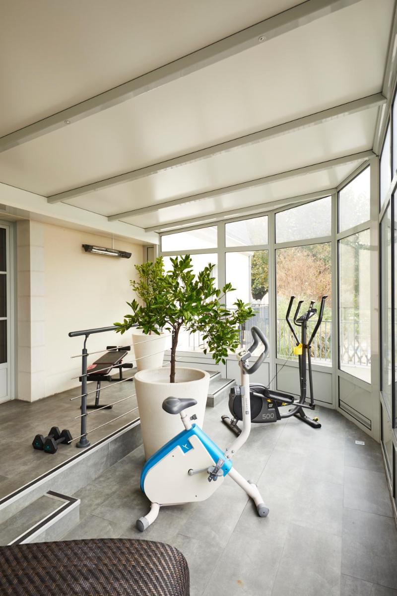 une salle de sport avec une plante en pot et des vélos d'exercice dans l'établissement Hôtel 4 étoiles - Restaurants & Spa Périer Du Bignon, à Laval