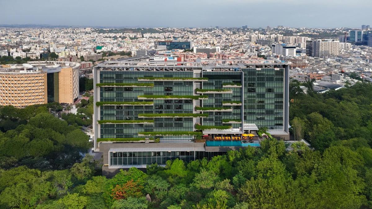 an overhead view of a large office building with trees at Trident Hyderabad in Hyderabad