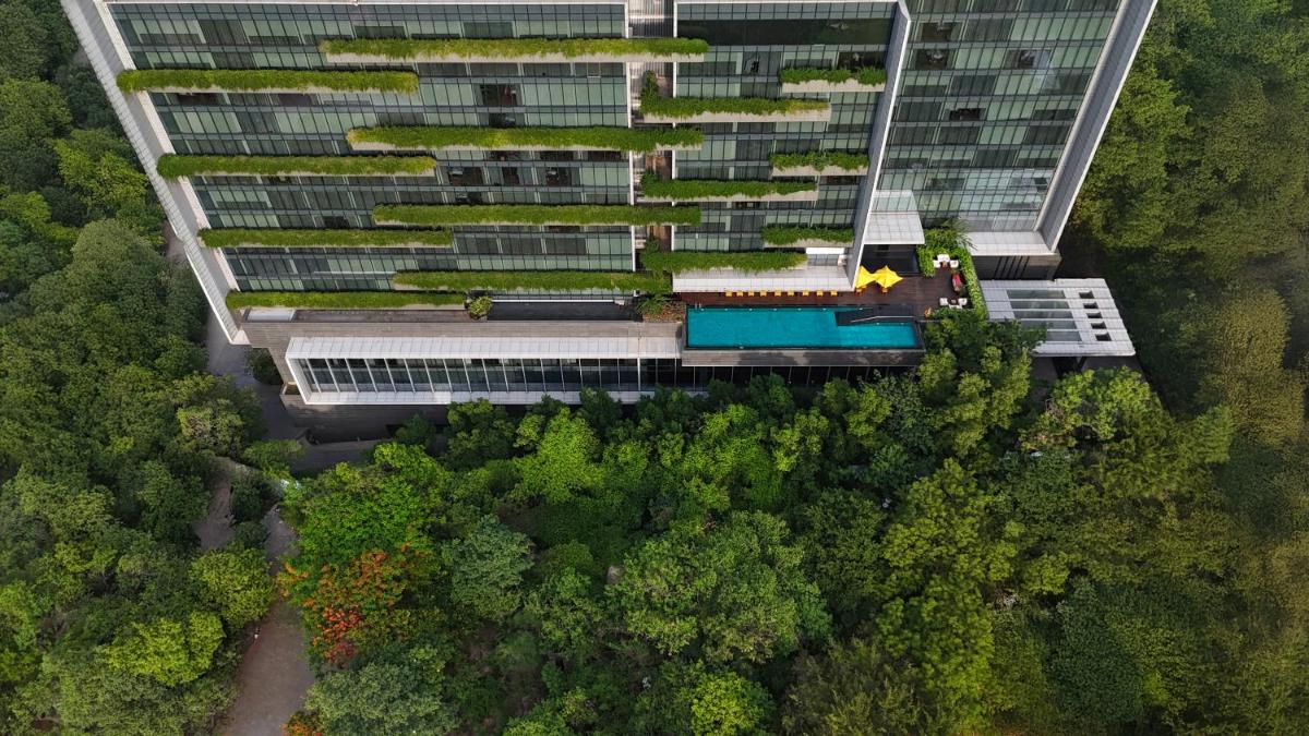 an overhead view of an office building with trees at Trident Hyderabad in Hyderabad
