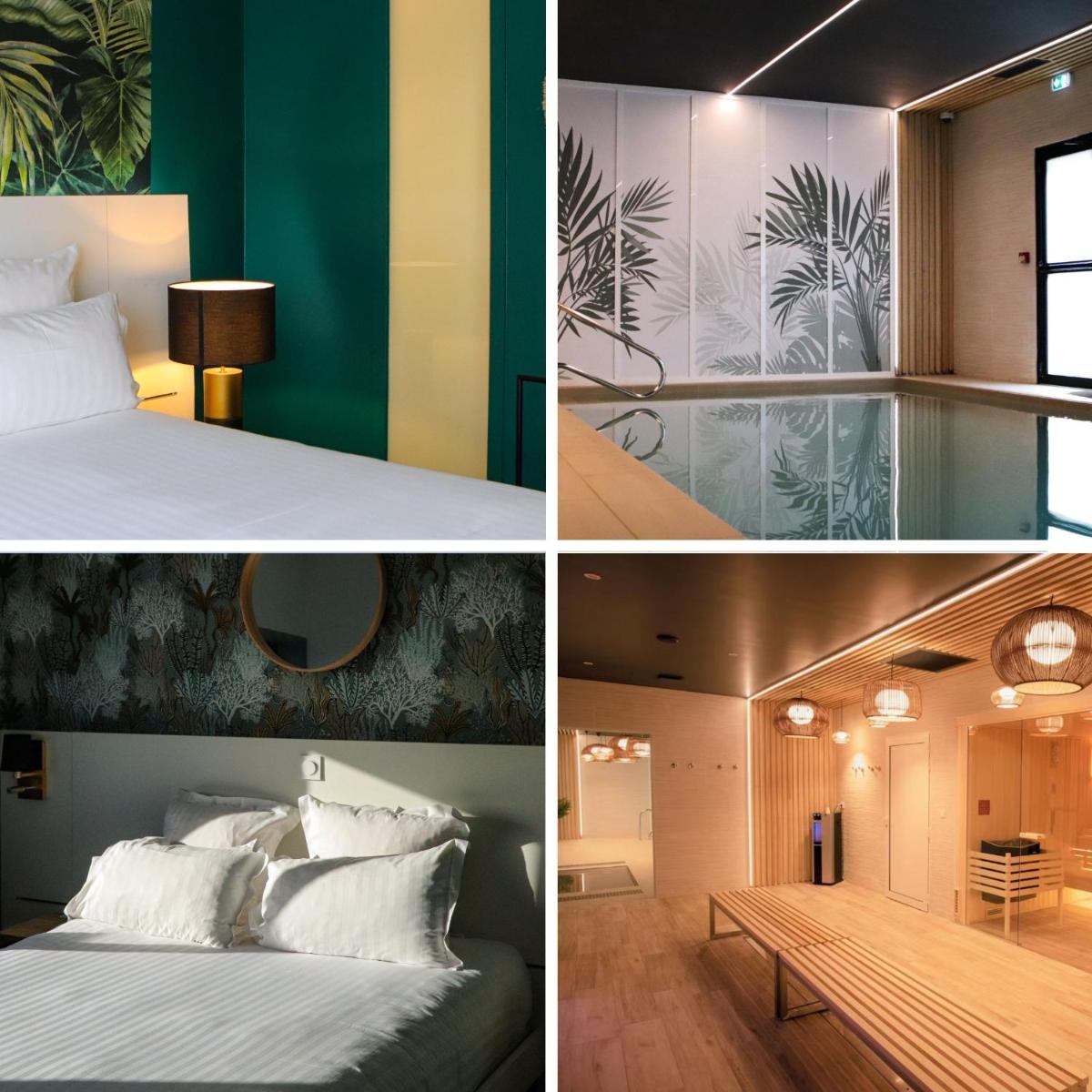 un collage de trois images avec un lit et une chambre dans l'établissement PADJA Hôtel & Spa Vannes, à Vannes