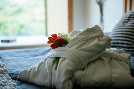 Una toalla con una flor encima de la cama en Hotel Terra Bonansa, en Bonansa
