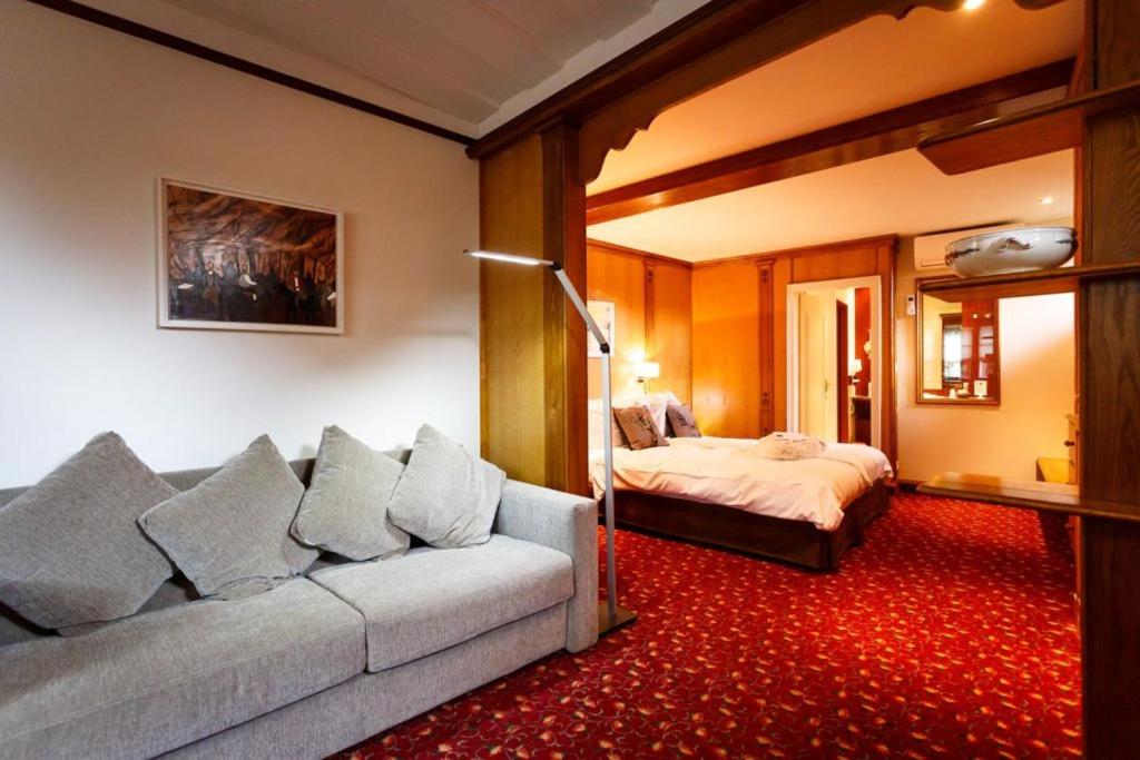 un salon avec un canapé et un lit dans l'établissement Hotel - Restaurant Le Cerf & Spa, à Marlenheim 60 autres photos