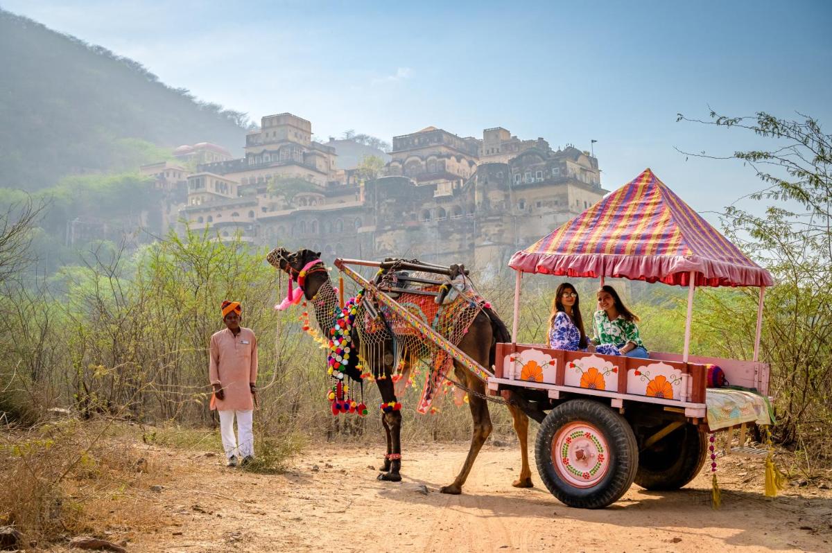 a camel pulling a cart with three people at Neemrana Fort-Palace in Neemrana
