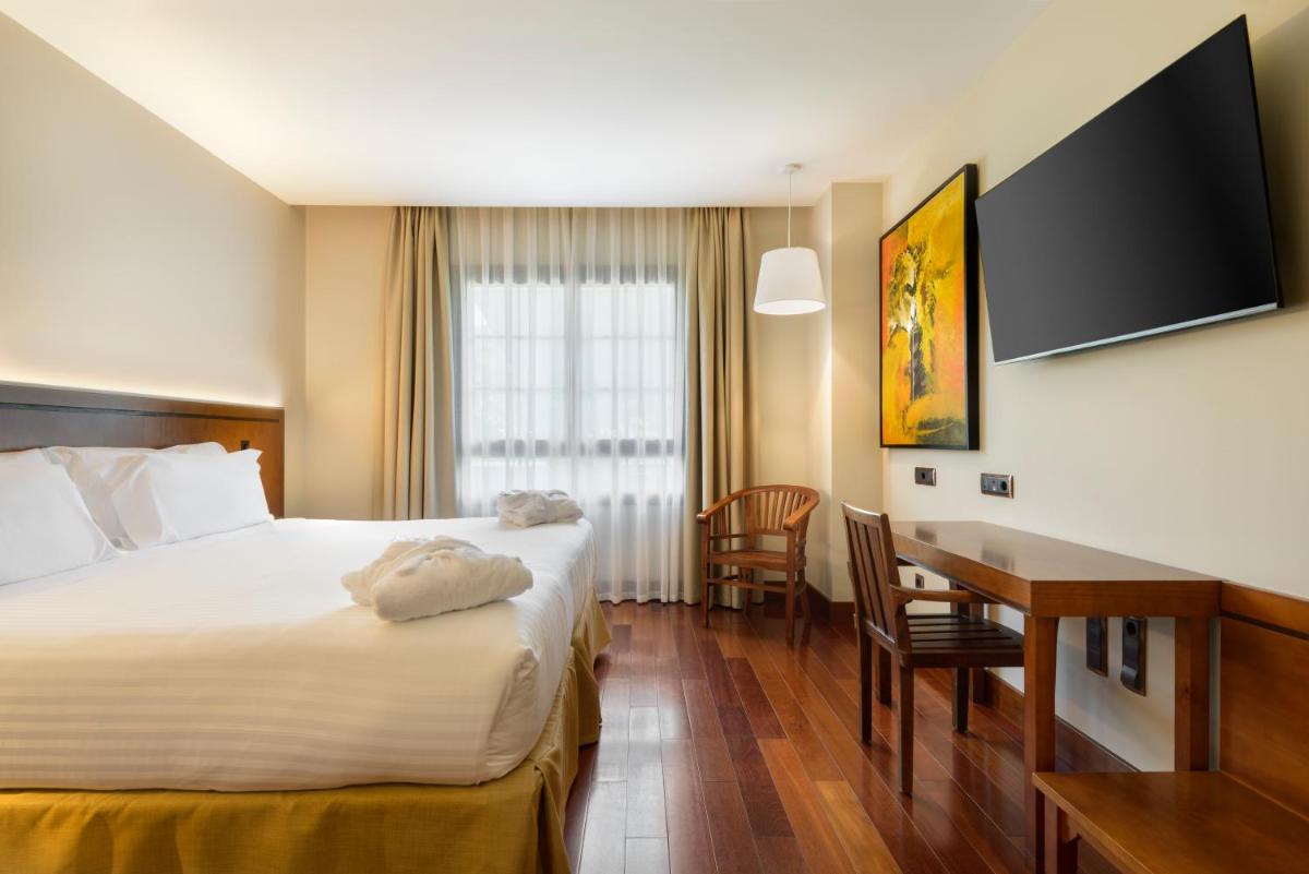 una habitación de hotel con una cama y un escritorio en Hotel & Spa Monasterio de Boltaña, en Boltaña