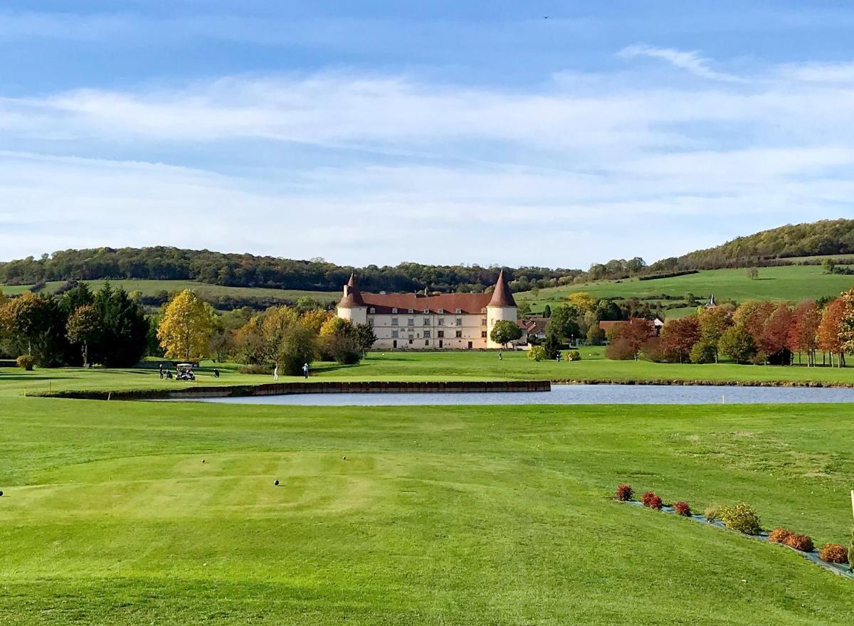un champ vert avec un bâtiment en arrière-plan dans l'établissement Hôtel Golf Château de Chailly, à Chailly-sur-Armançon