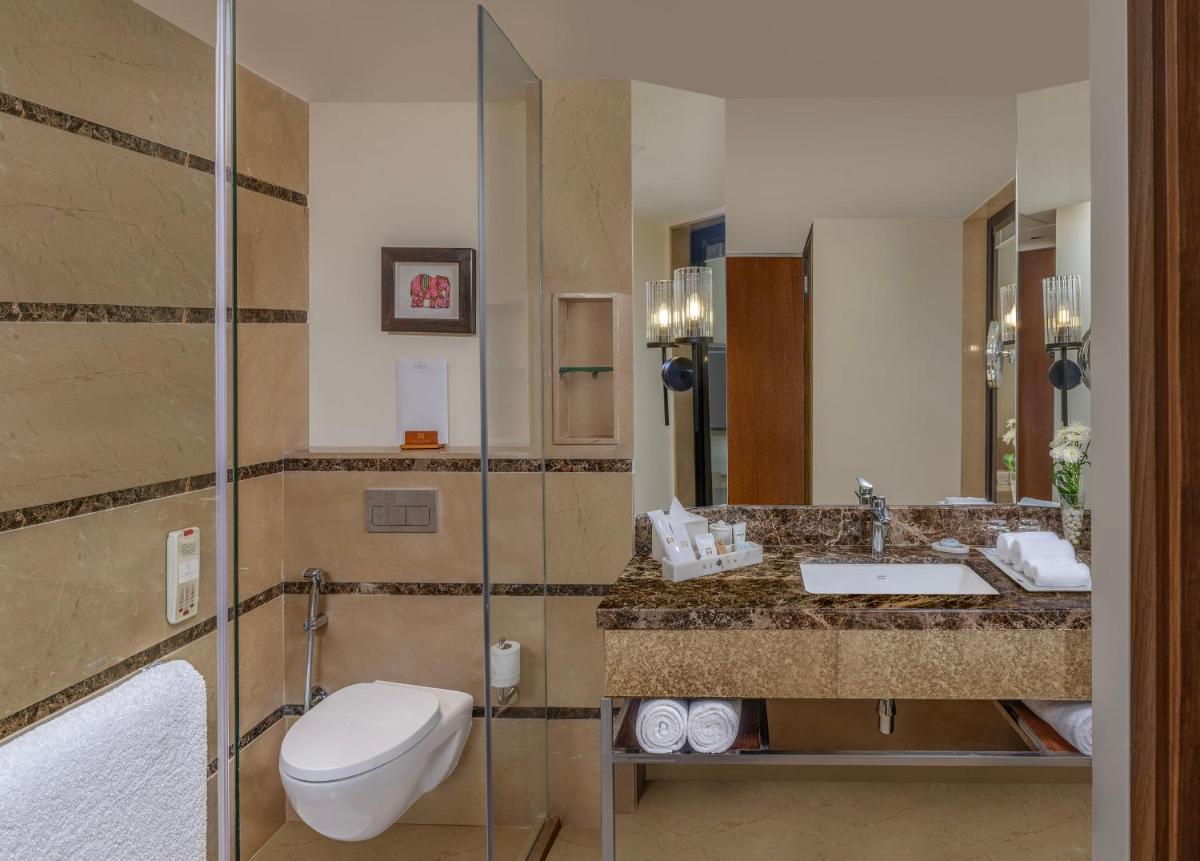 a bathroom with a toilet and a sink at ITC Kakatiya, a Luxury Collection Hotel, Hyderabad in Hyderabad