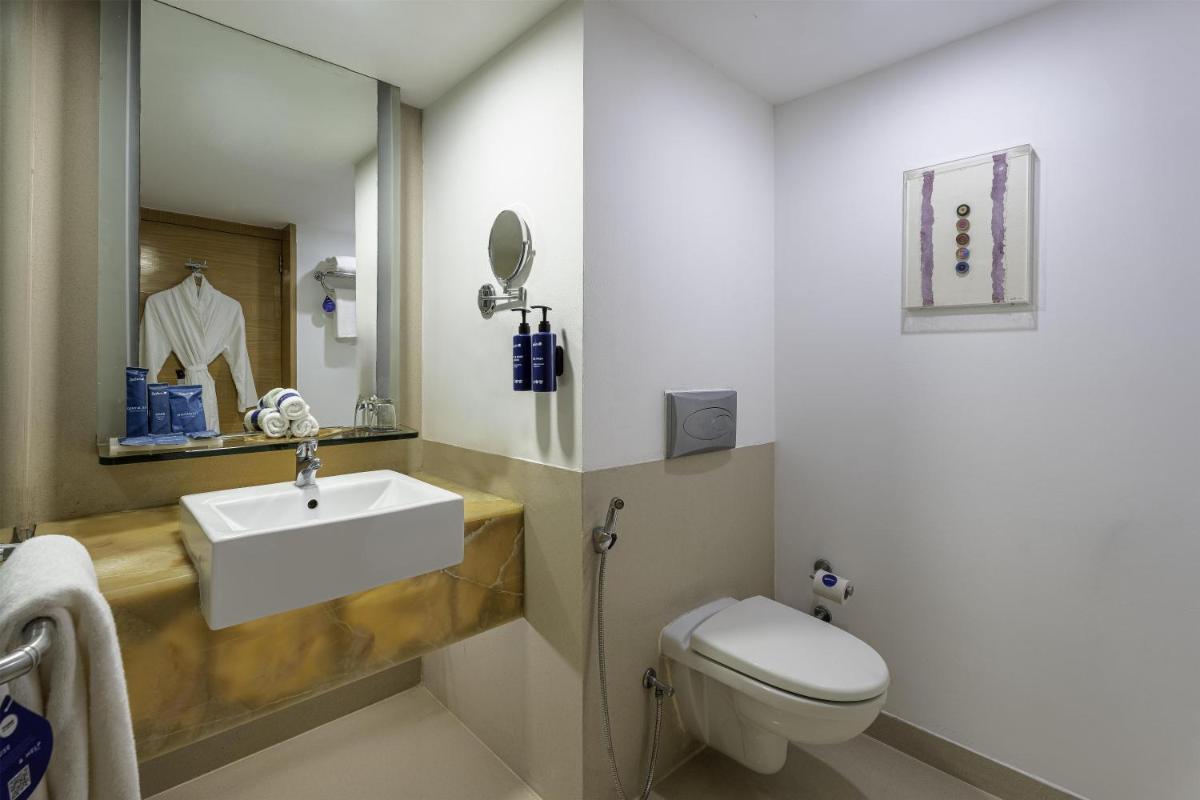 a bathroom with a sink and a toilet at Radisson Blu Hotel Pune Kharadi in Pune