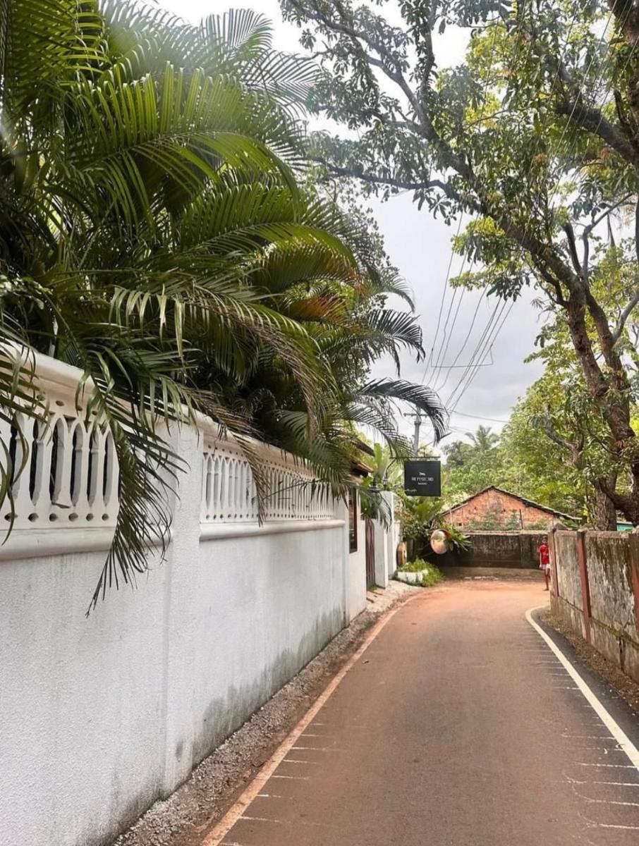 a street with a white wall and palm trees at The Postcard Saligao in Calangute