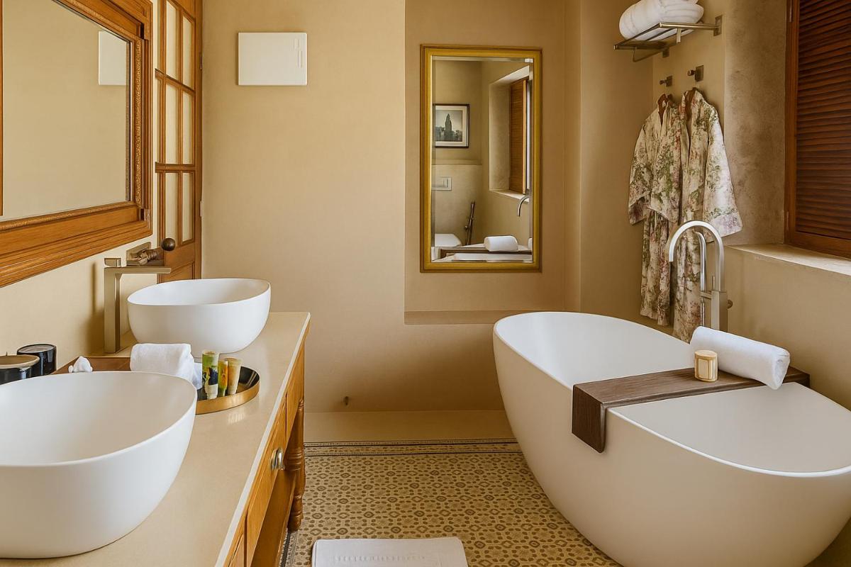 a bathroom with two sinks and two toilets at The Postcard Saligao in Calangute