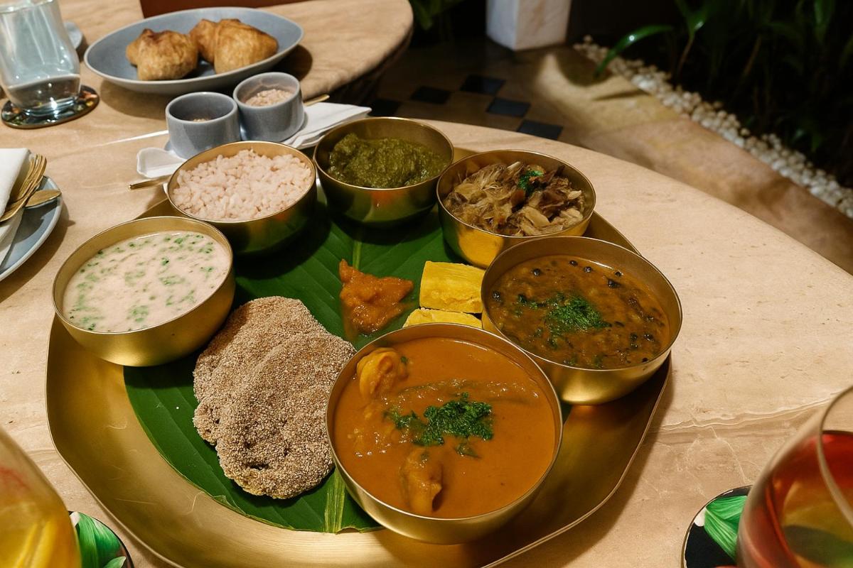 a plate with different types of food on a table at The Postcard Saligao in Calangute