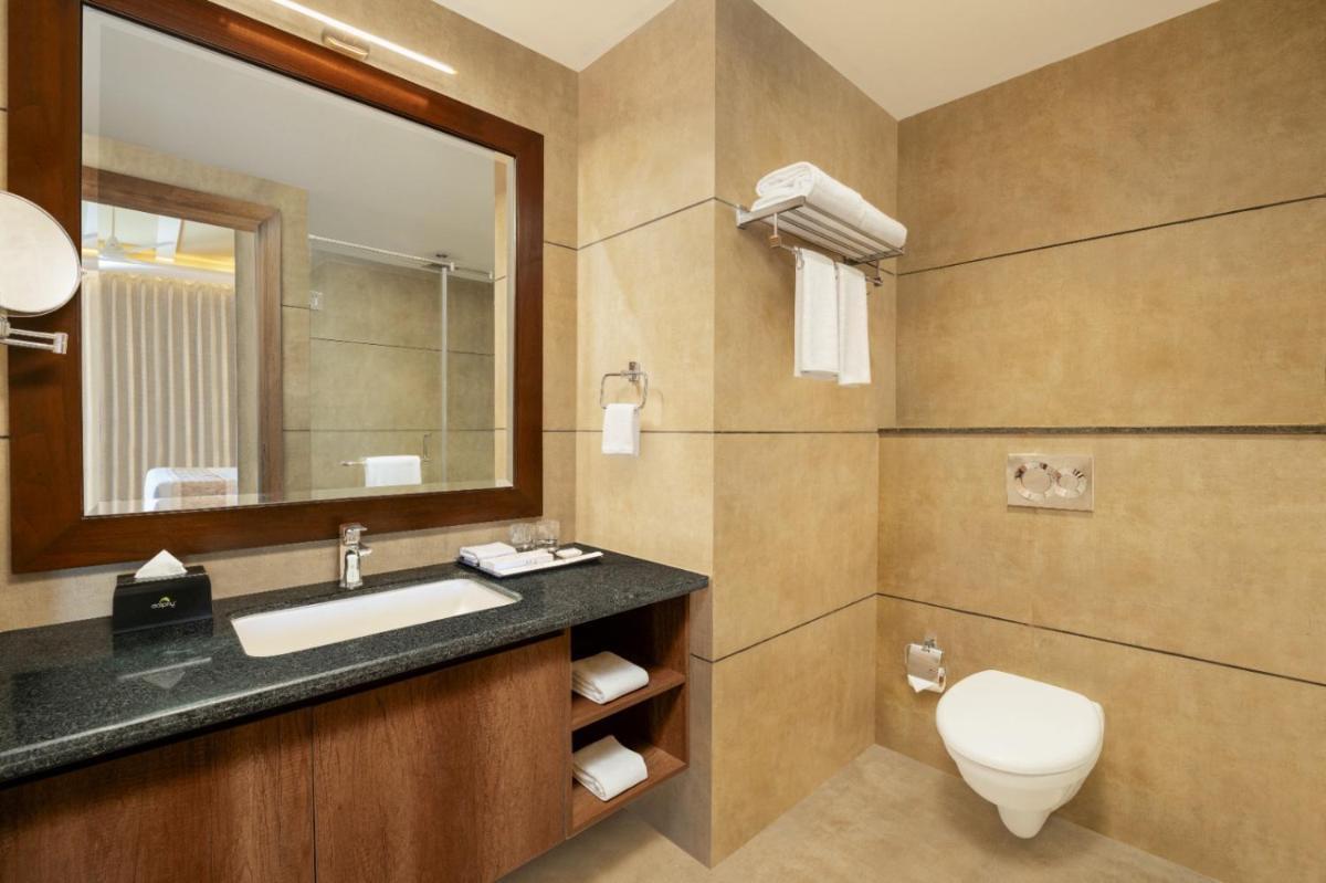 a bathroom with a sink and a toilet and a mirror at Essentia Luxury Resort & Spa Udaipur in Udaipur