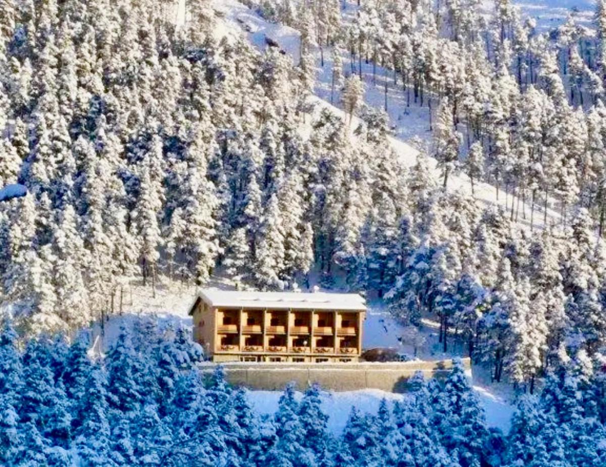 un bâtiment sur une montagne enneigée avec des arbres couverts de neige dans l'établissement Adrechas Mercantour, à La Colmiane