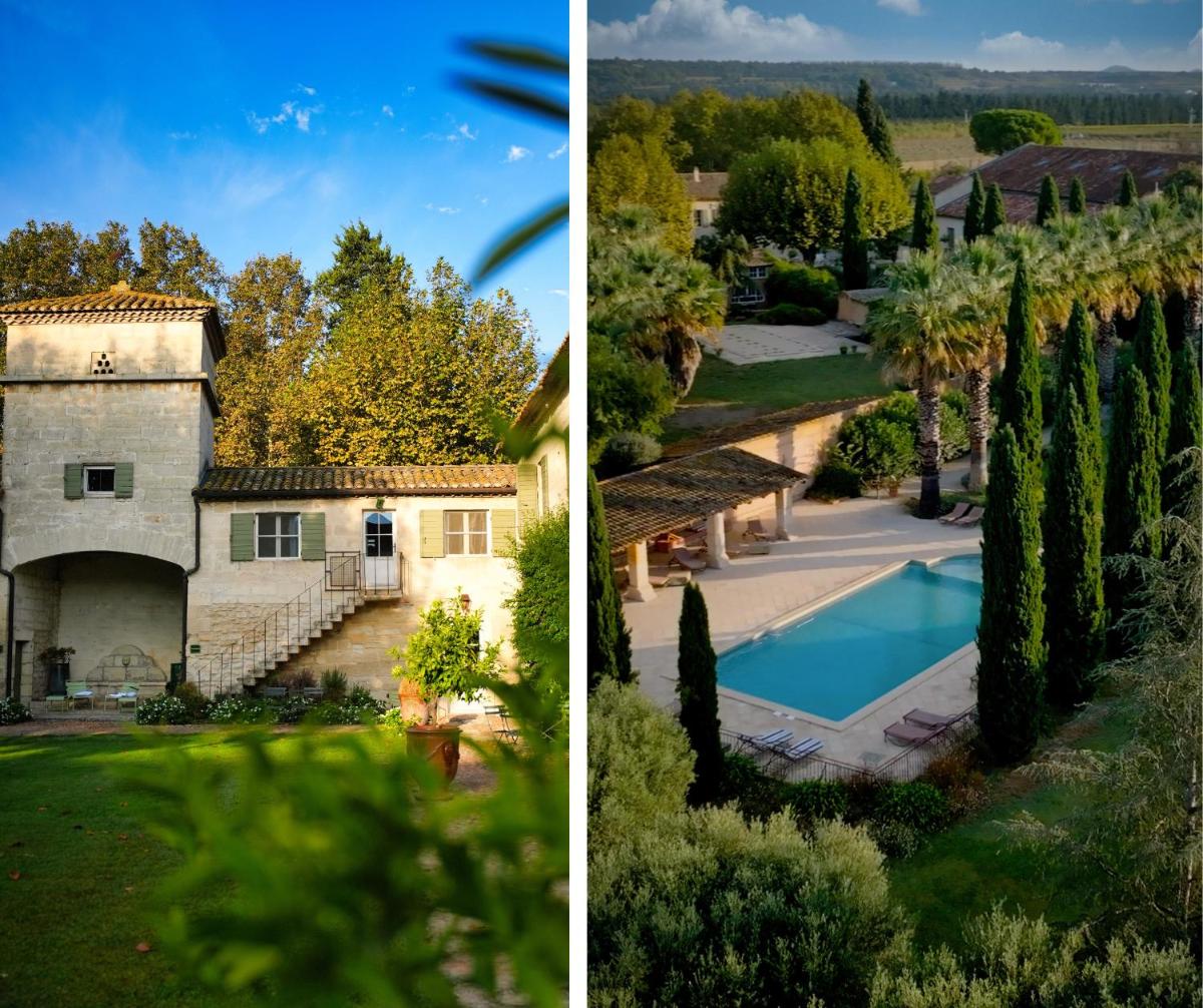 une vue extérieure d'une maison et d'une piscine dans l'établissement HOTEL et APPARTEMENTS DOMAINE DES CLOS - Teritoria, à Beaucaire