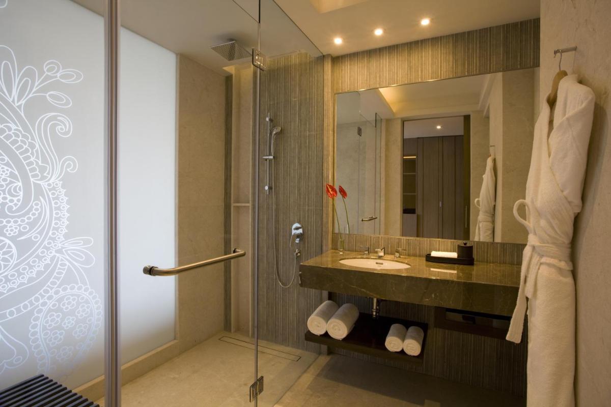 a bathroom with a sink and a shower with a mirror at Hyatt Regency Ahmedabad in Ahmedabad