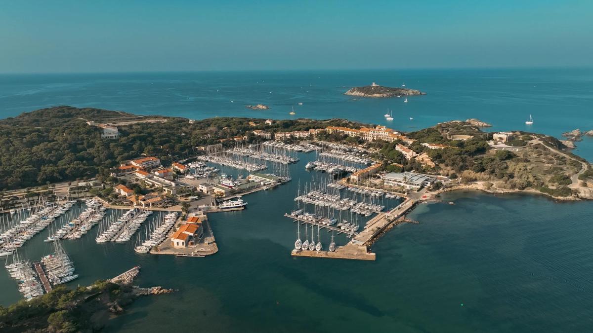 une vue aérienne d'un port avec des bateaux dans l'eau dans l'établissement Hôtel Helios & SPA - Ile des Embiez, à Six-Fours-les-Plages