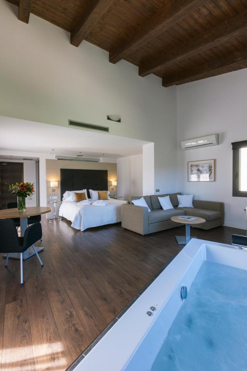 una habitación de hotel con una cama y una bañera en Bonansa Country Hotel, en Bonansa 57 fotos más