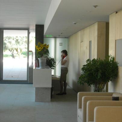 Uma mulher a falar ao telefone na entrada. em INLIMA Hotel & Spa em Ponte de Lima