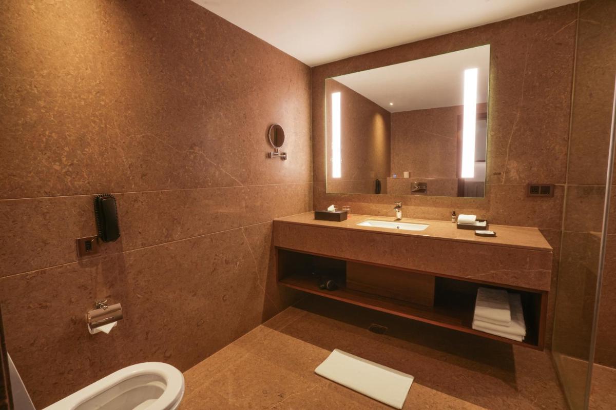 a bathroom with a sink and a toilet and a mirror at Hyatt Centric Rajpur Road Dehradun in Dehradun