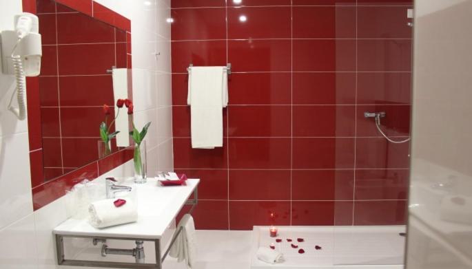uma casa de banho em azulejos vermelhos com um lavatório e um chuveiro em Palace Hotel Astúrias & Spa em Carvalhal