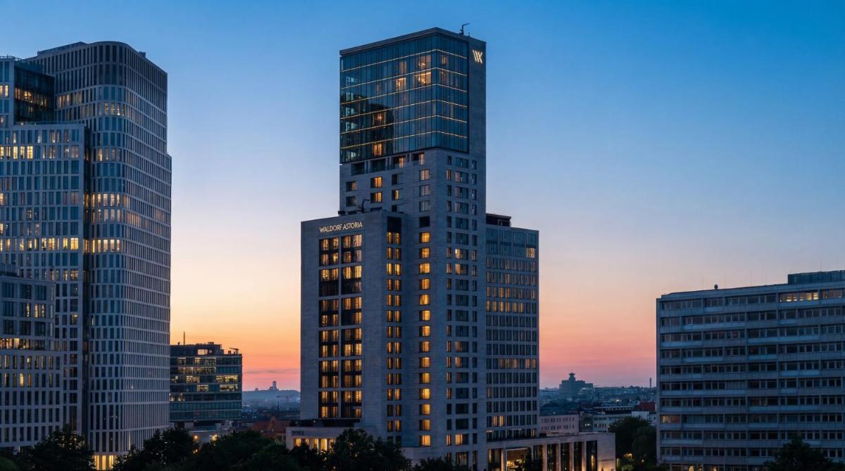 ein hohes Gebäude in einer Stadt bei Sonnenuntergang in der Unterkunft Waldorf Astoria Berlin in Berlin