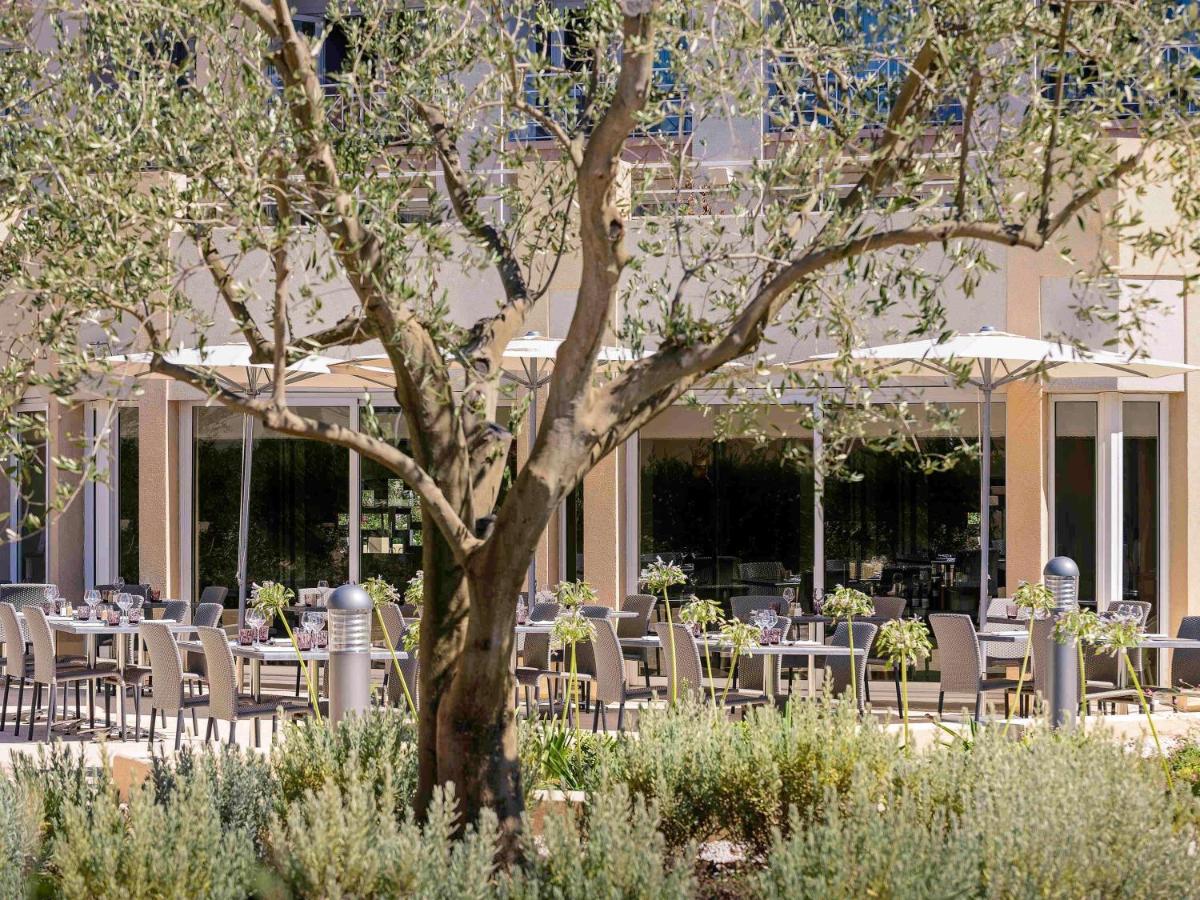 un restaurant avec des tables et des chaises et un arbre dans l'établissement Mercure Thalasso & Spa Port Fréjus, à Fréjus