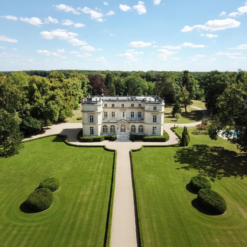 vue aérienne d'une grande maison avec jardin dans l'établissement Chateau du boulay morin, à Le Boulay-Morin