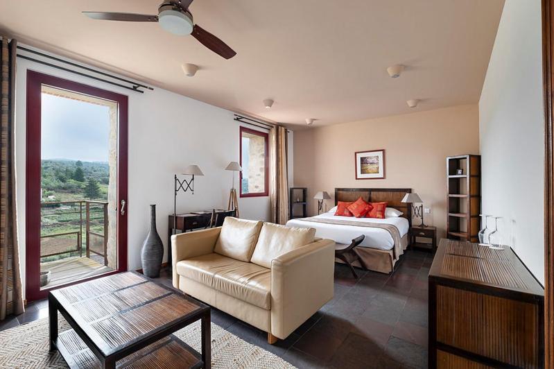 une grande chambre avec un lit et un canapé dans l'établissement Domaine Riberach - Hotel 4 - Restaurant gastronomique - Spa - Piscine - Vignoble, à Bélesta