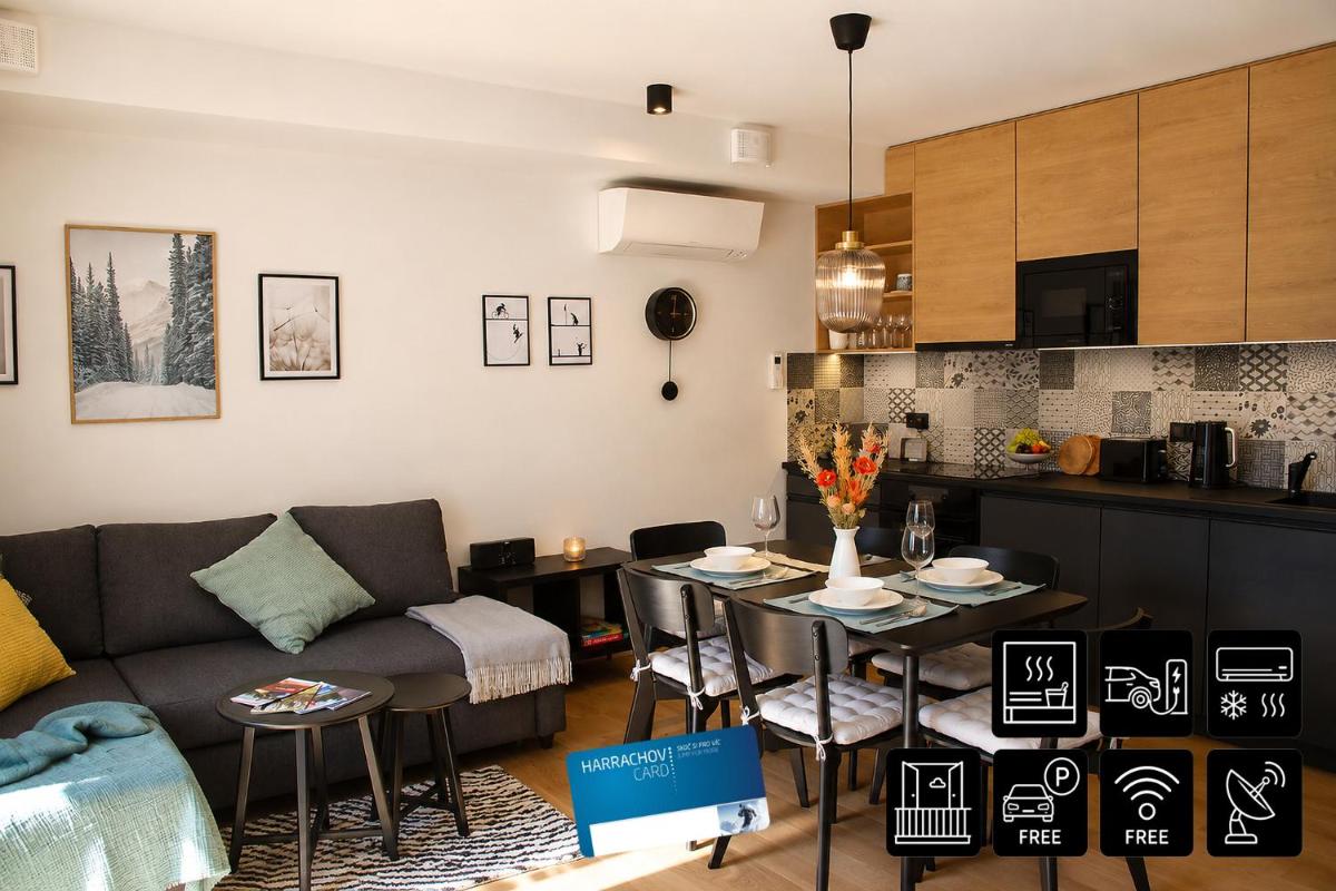 ENJOYHARRACHOV - Atraktivní slunný klimatizovaný apartmán 14 v centru Harrachova se saunou, parkováním, Wifi-WLAN, SAT, herní konzolí, PC s win 10, Netflix zdarma a možností dobíjení auta s jedinečným výhledem na Čertovu horu se skokanskými můstky - Housity