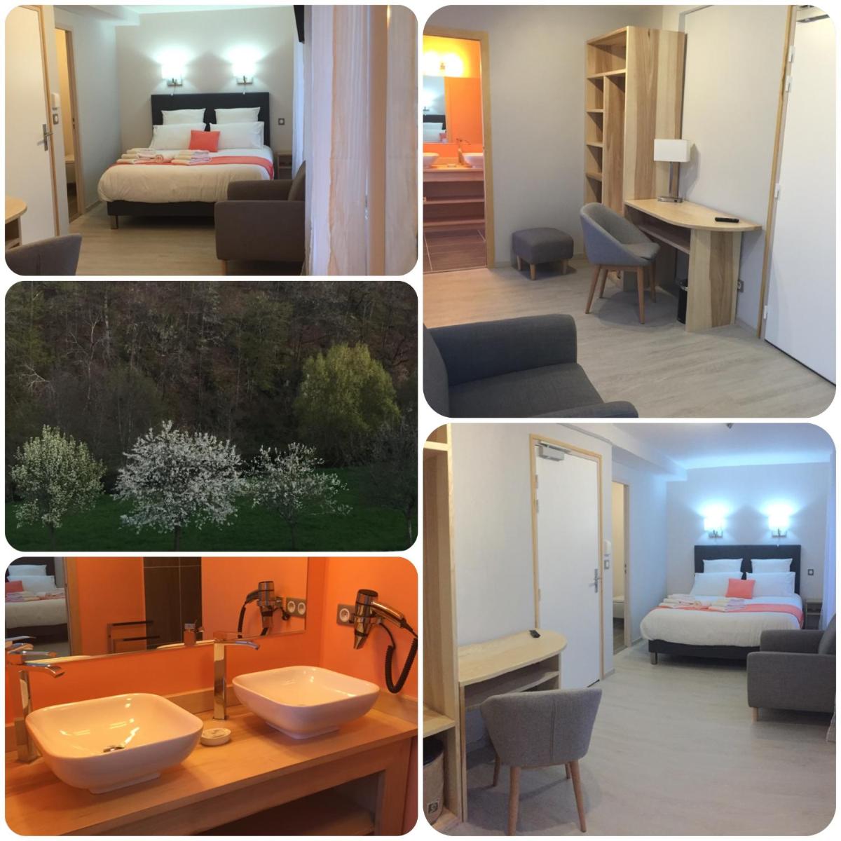 un collage de quatre photos d'une chambre d'hôtel dans l'établissement Hôtel du Bout du Monde, à Saint-Flour 29 autres photos