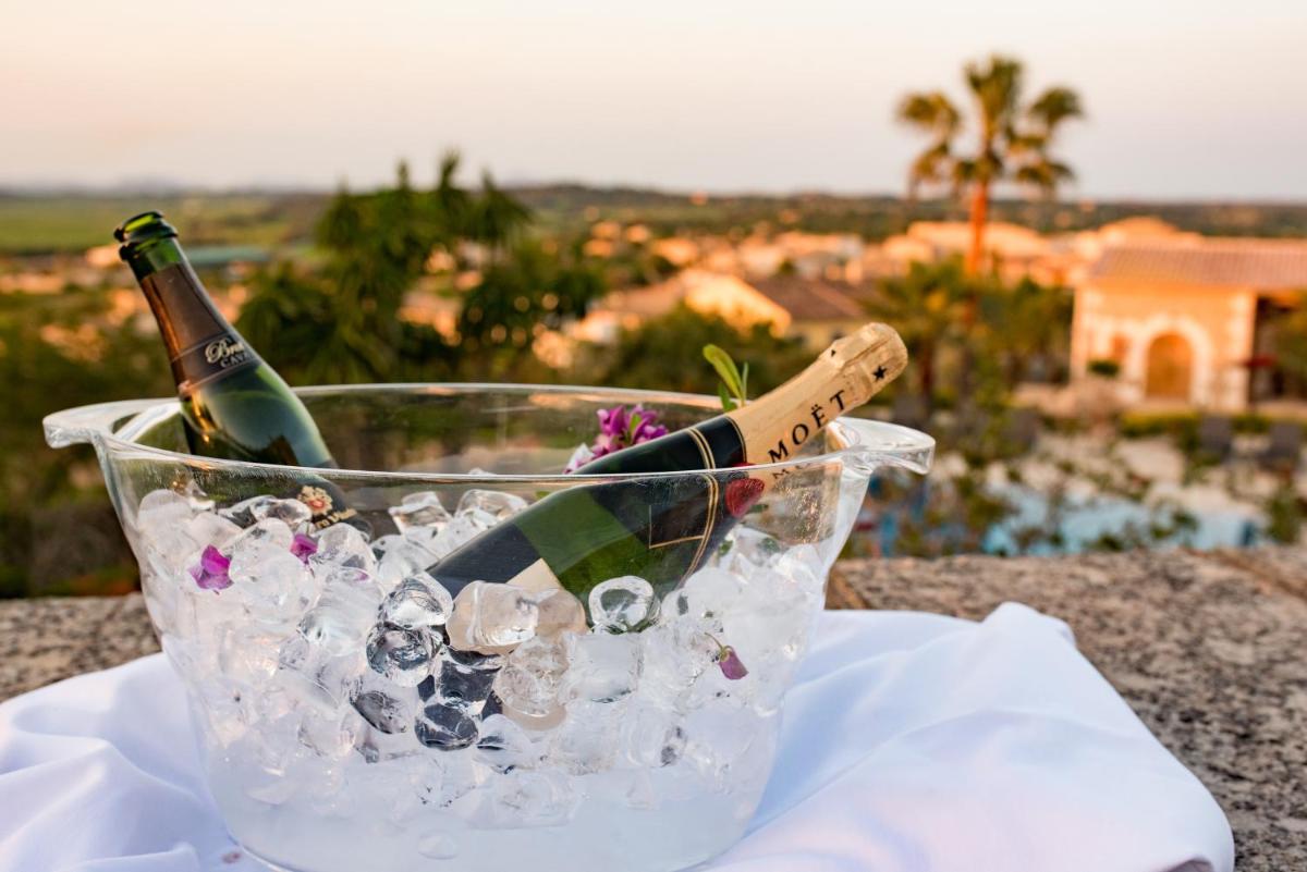 un cubo de cristal con dos botellas de champán y hielo en Casa Font i Roig, en Maria de la Salut