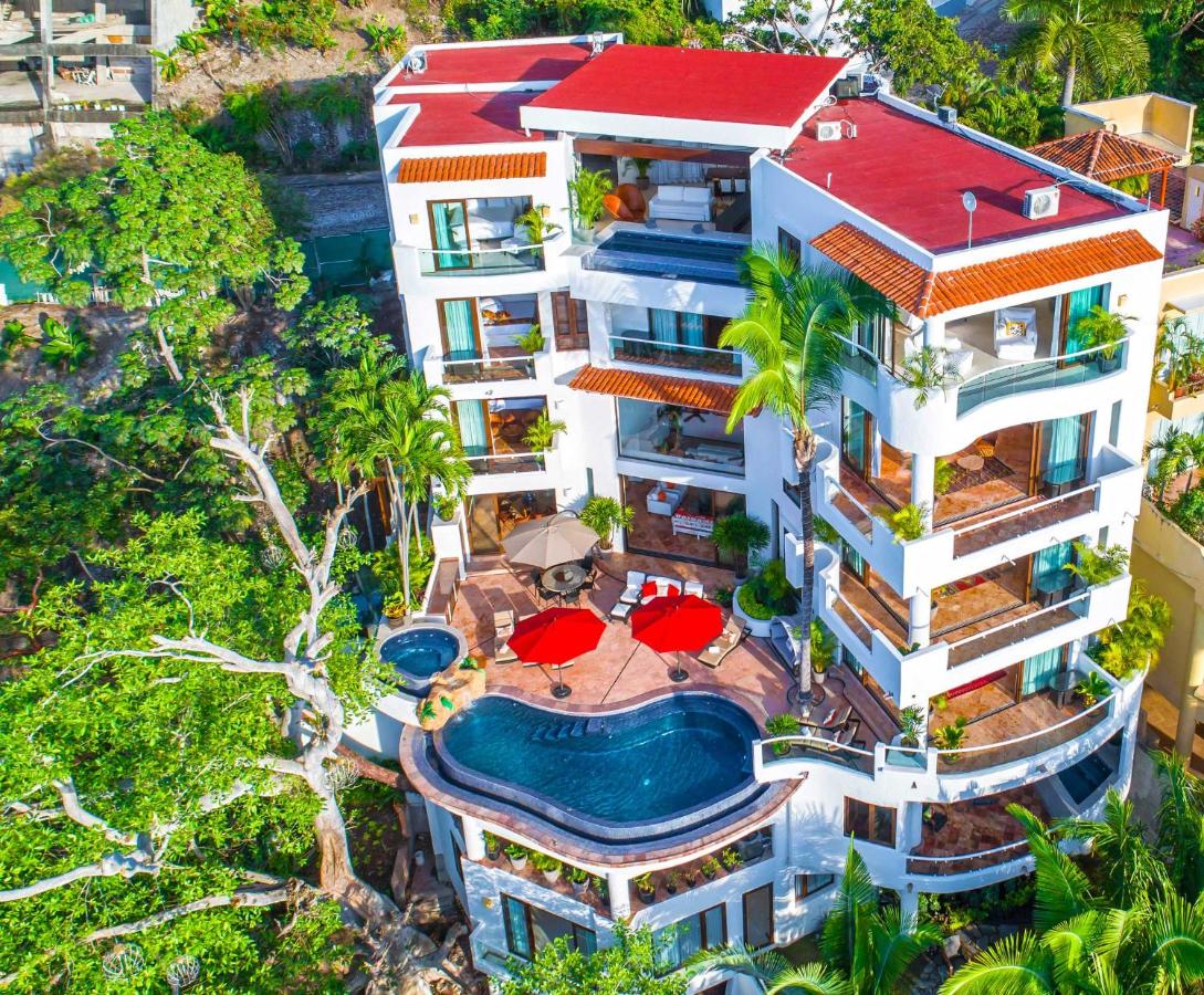 hotel with overlooking pool, trees, and umbrellas