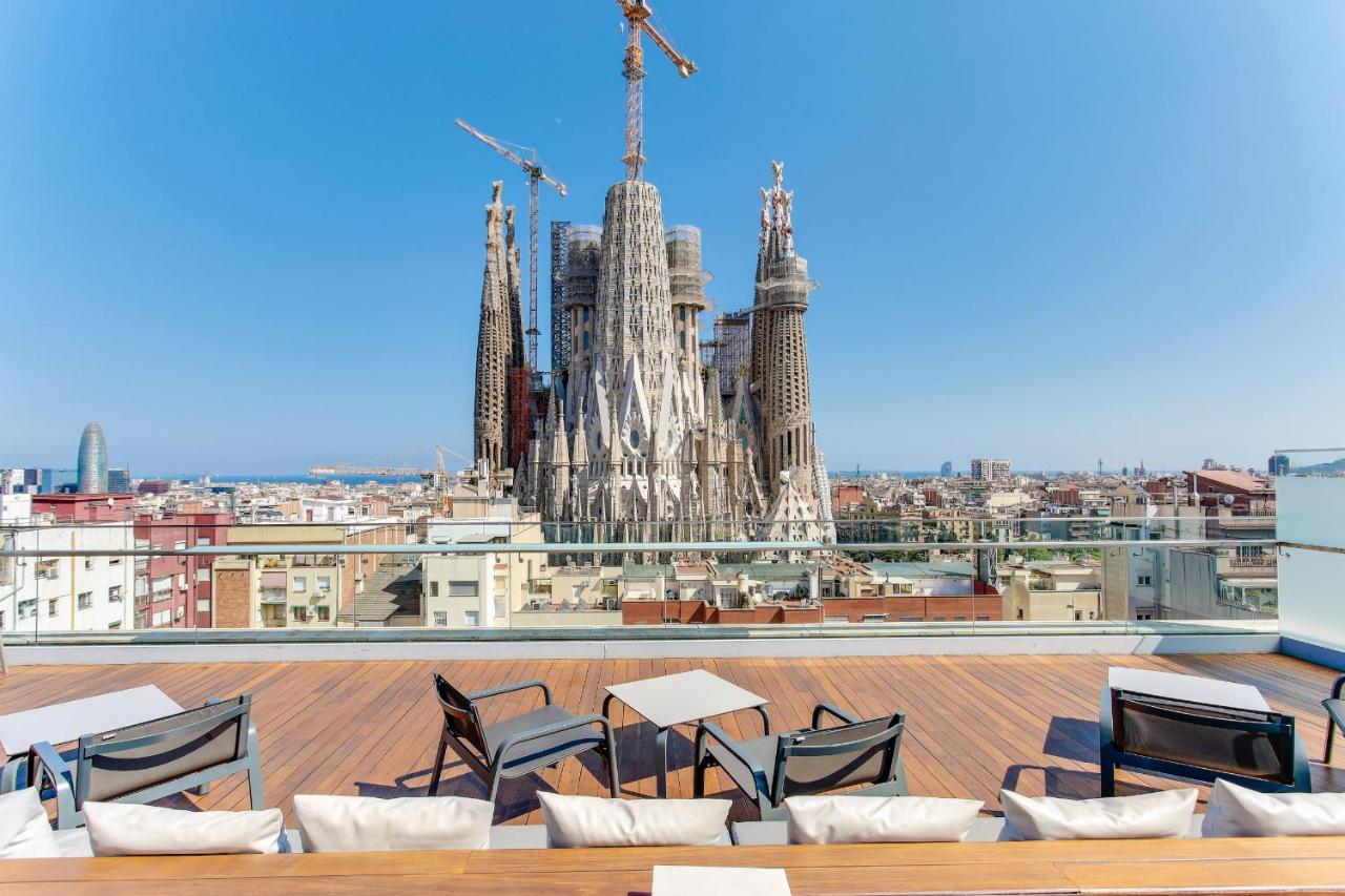 Rooftop view of the Sagrada Familia of Barcelona from the Ayre Hotel Rosellon of Barcelona in Spain