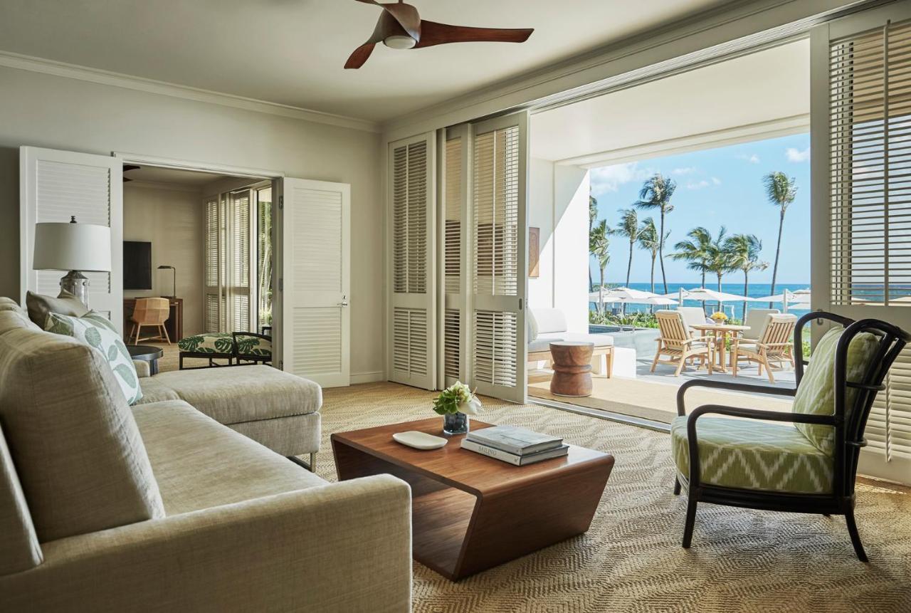 Big living room and outdoor living in condo at Four Seasons Resort Oahu