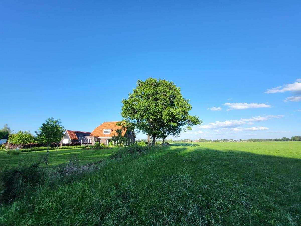 a tree in the middle of a field with a house at Bed & Breakfast de Vink in Terschuur