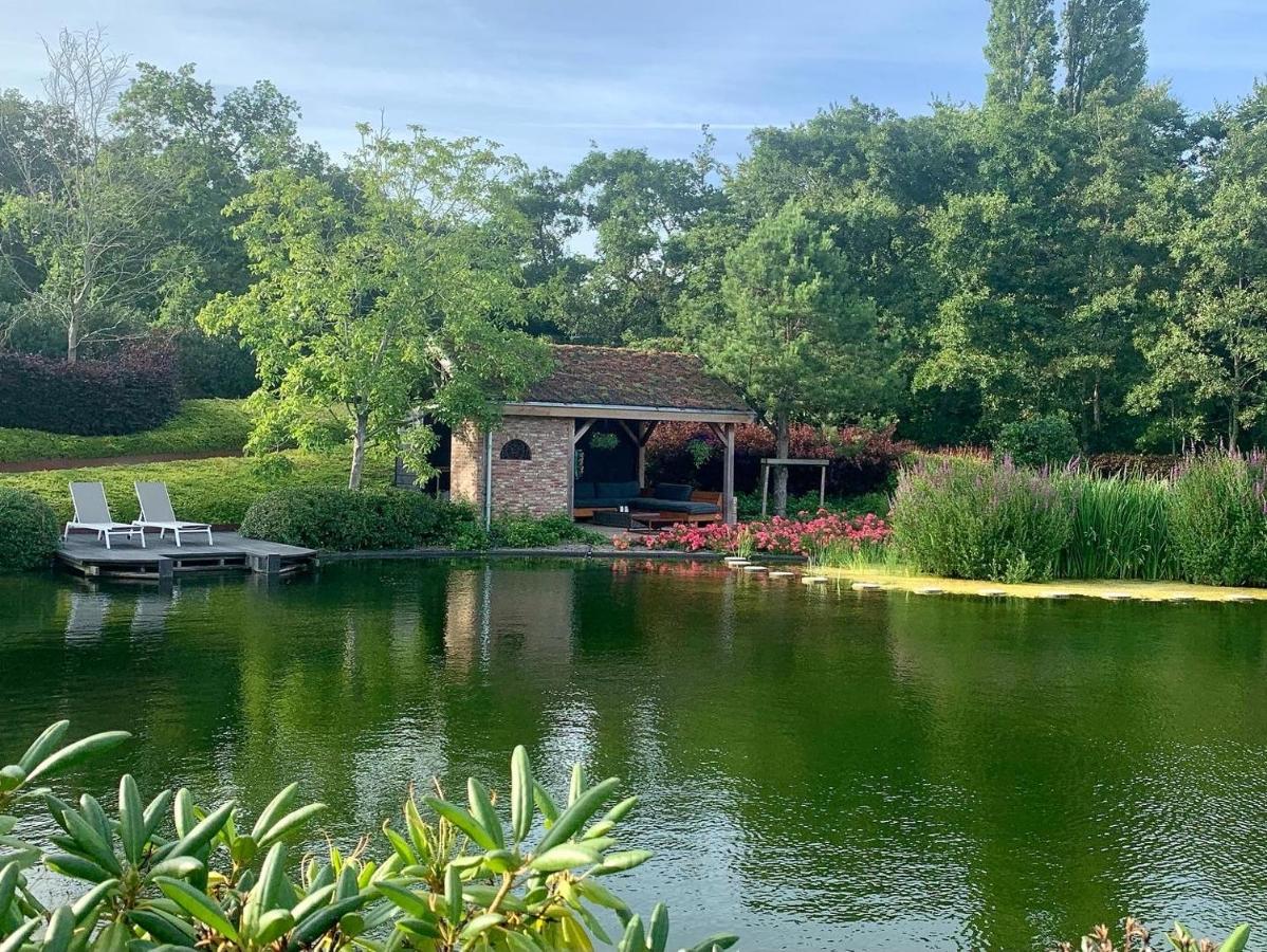 a house sitting on a lake with two chairs at Buitenliefde, romantisch verblijf voor 2 personen in Heiloo