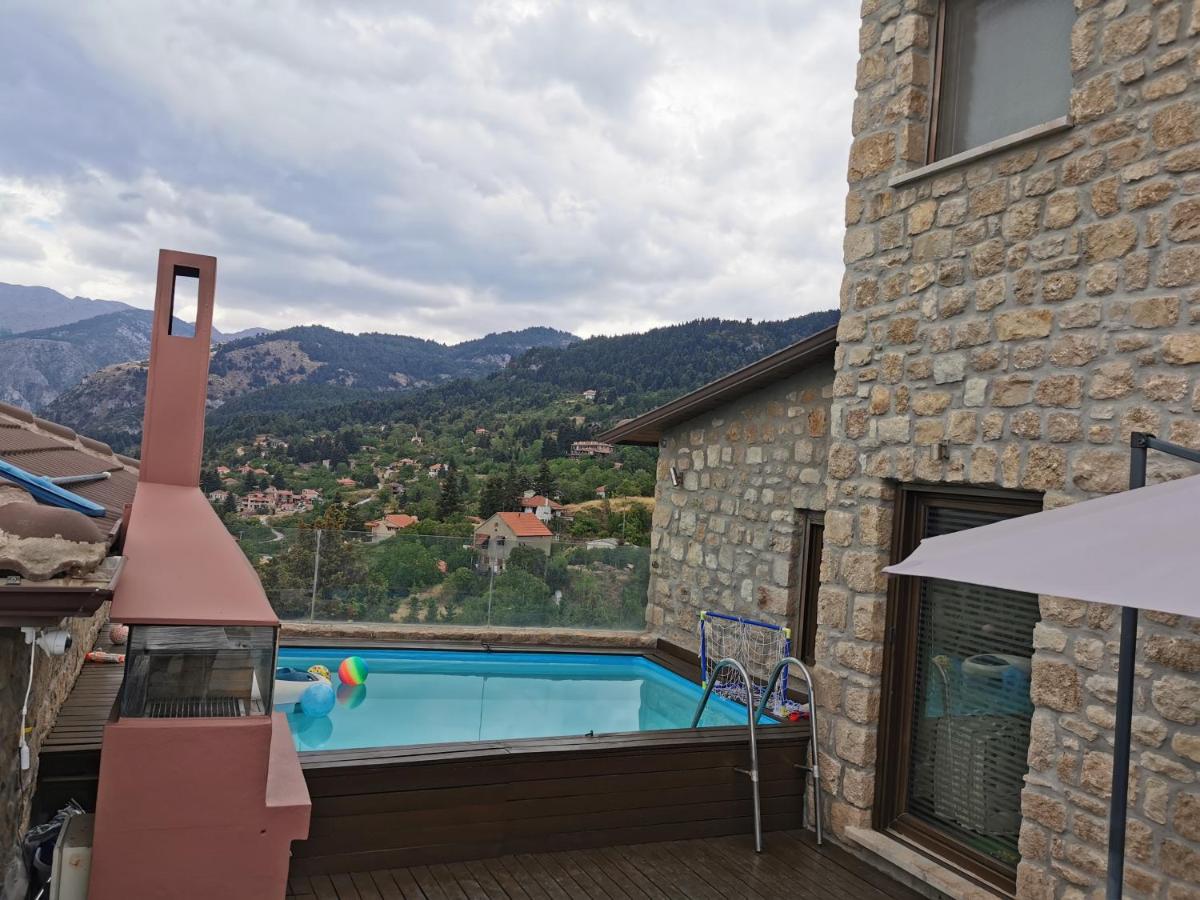 Heated swimming pool: Mountain stone villa, sea & mountain view at 1150m