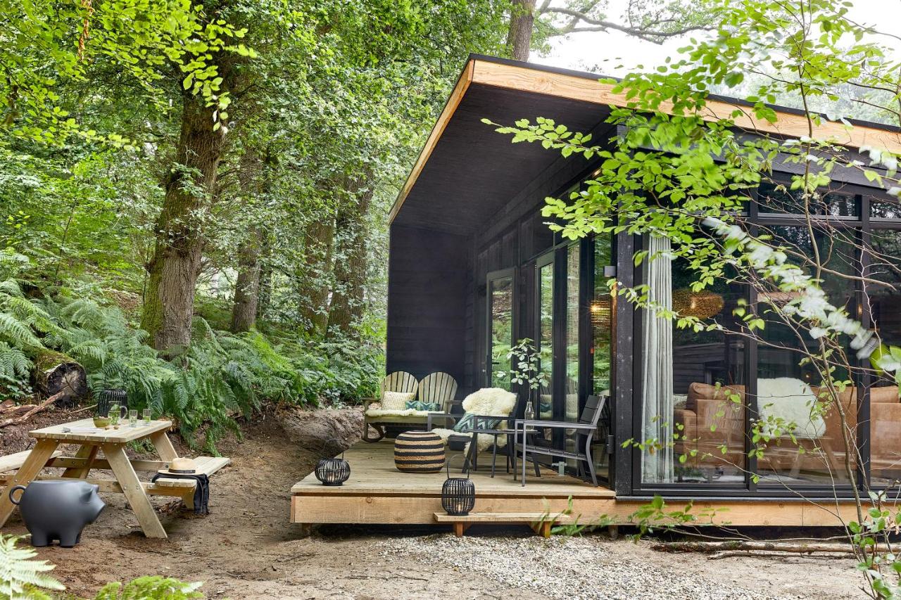 a black tiny house in the woods at Buitenplaats Beekhuizen in Velp