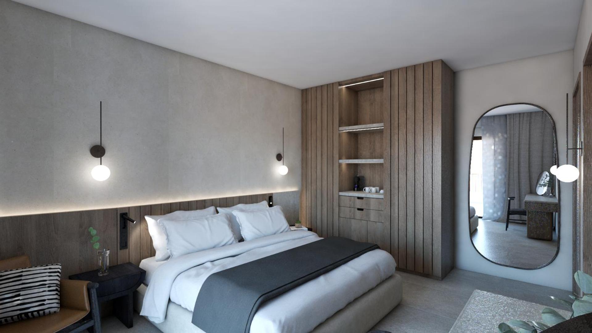 Elegants viesnīcas numurs ar iebūvētu koka skapi, lielu spoguli un mīkstu apgaismojumu.