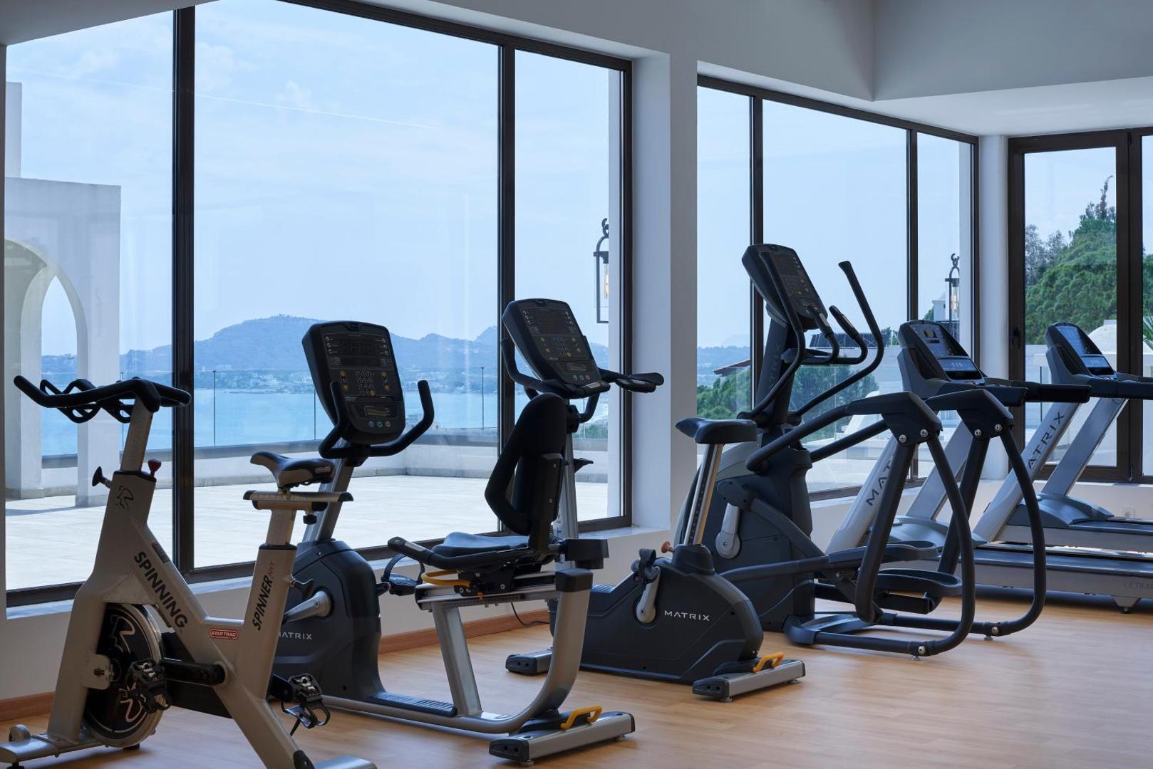 Kardio trenažieri pie lieliem logiem ar skatu uz jūru un kalniem.