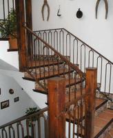 a wooden spiral staircase in a building with a plant at El Perro de Paterna in Paterna de Rivera