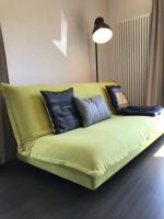 a green couch with pillows on it in a room at Blackbird´s Nest in Wiesenbronn