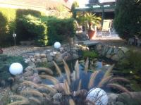 a garden with a pond and rocks and a patio at Pension zum Yachthafen in Waren