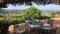 a table and chairs sitting on a patio with a view at Azienda agricola Della Mezzaluna in Stiava