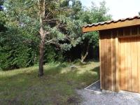 a wooden shed with a tree in a field at comme chez vous in Taussat-les-Bains