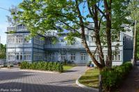 un edificio azul con un árbol delante de él en Austri Villa, en Pärnu