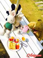 a group of stuffed animals sitting on a picnic table with food at Kenting Avignon in Hengchun South Gate