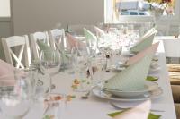 a long table with glasses and plates with paper napkins at Penzion DaJa in Horní Planá